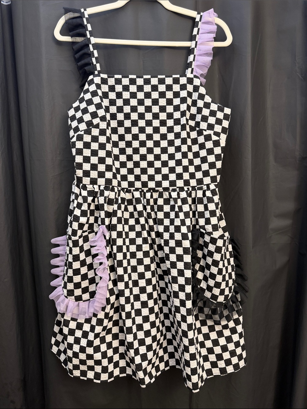 Black & White Checkerboard Ruffle Pocket Dress with Lavender Accents